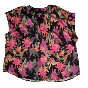 Vince Camuto Womens  Sleeveless Blouse 2X Split Neckline Floral Sheer Multicolor